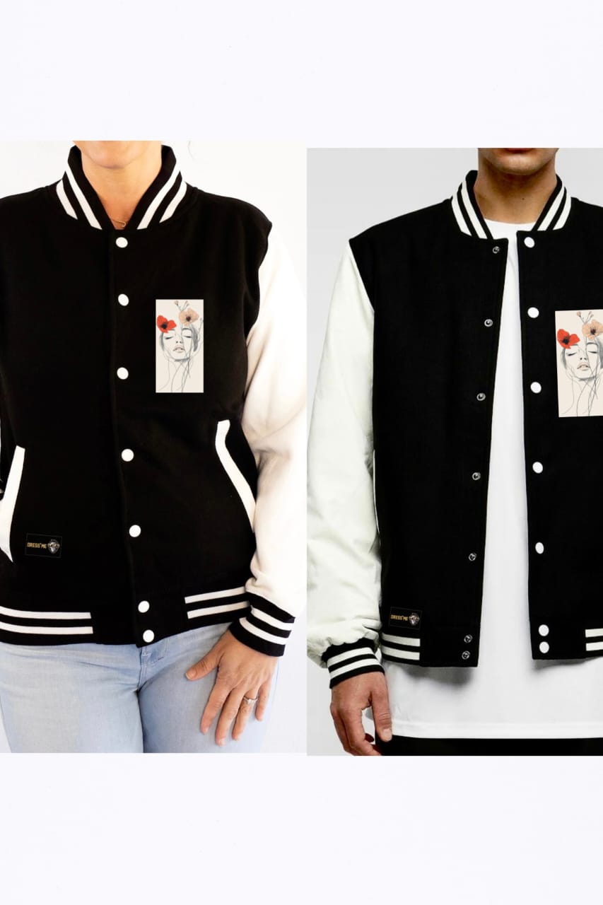 Stylish Black & White Varsity Jacket with Artistic Print